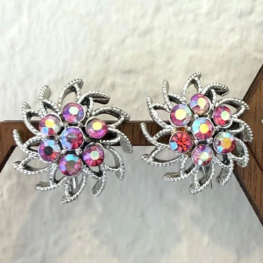 Coro AB Rhinestone Silver Tone Atomic Starburst Clip-On Earrings